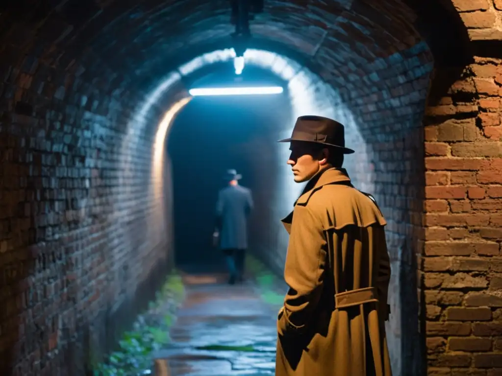 Espionaje en la sombra: túnel subterráneo Un misterioso espía en un túnel subterráneo, evocando la intriga de las redes subterráneas de espionaje en la historia