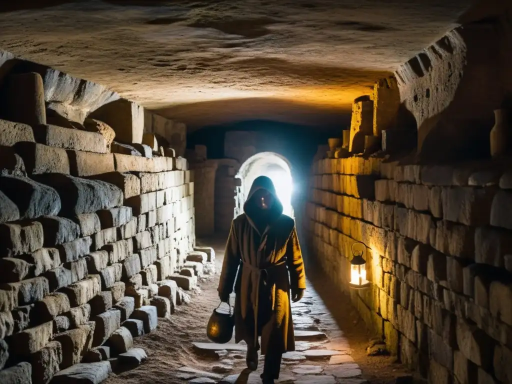 Un misterioso guía de exploración de catacumbas en un laberinto de pasajes estrechos iluminados por antorchas, con una atmósfera de intriga y aventura