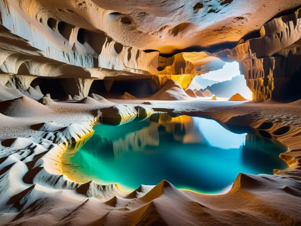 Misterioso paisaje subterráneo con formaciones rocosas y piscinas cristalinas