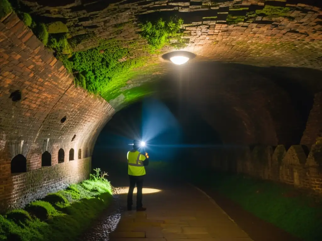 Misterioso recorrido por alcantarillado histórico con guía y visitantes atentos