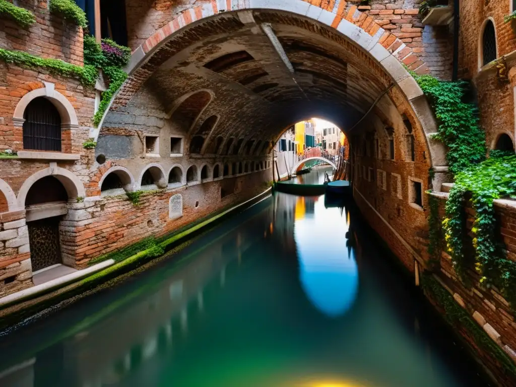 Misterioso túnel subterráneo en Venecia con arquitectura antigua y canales secretos, evocando la importancia estratégica de la ciudad