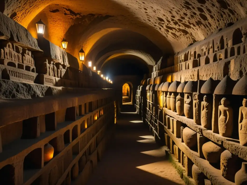 Explora el misterioso tour especializado catacumbas San Calixto, con antiguas tumbas de piedra y pinturas desgastadas, iluminadas por tenues linternas