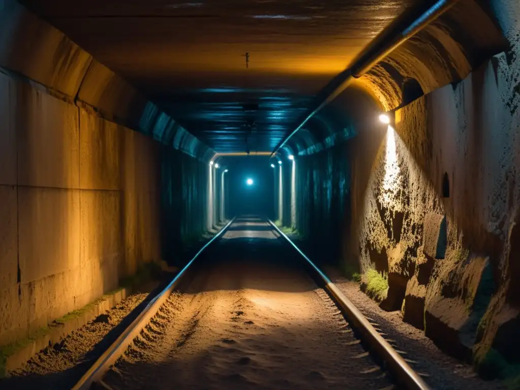 Un misterioso túnel subterráneo se adentra en la distancia, iluminado por una luz titilante