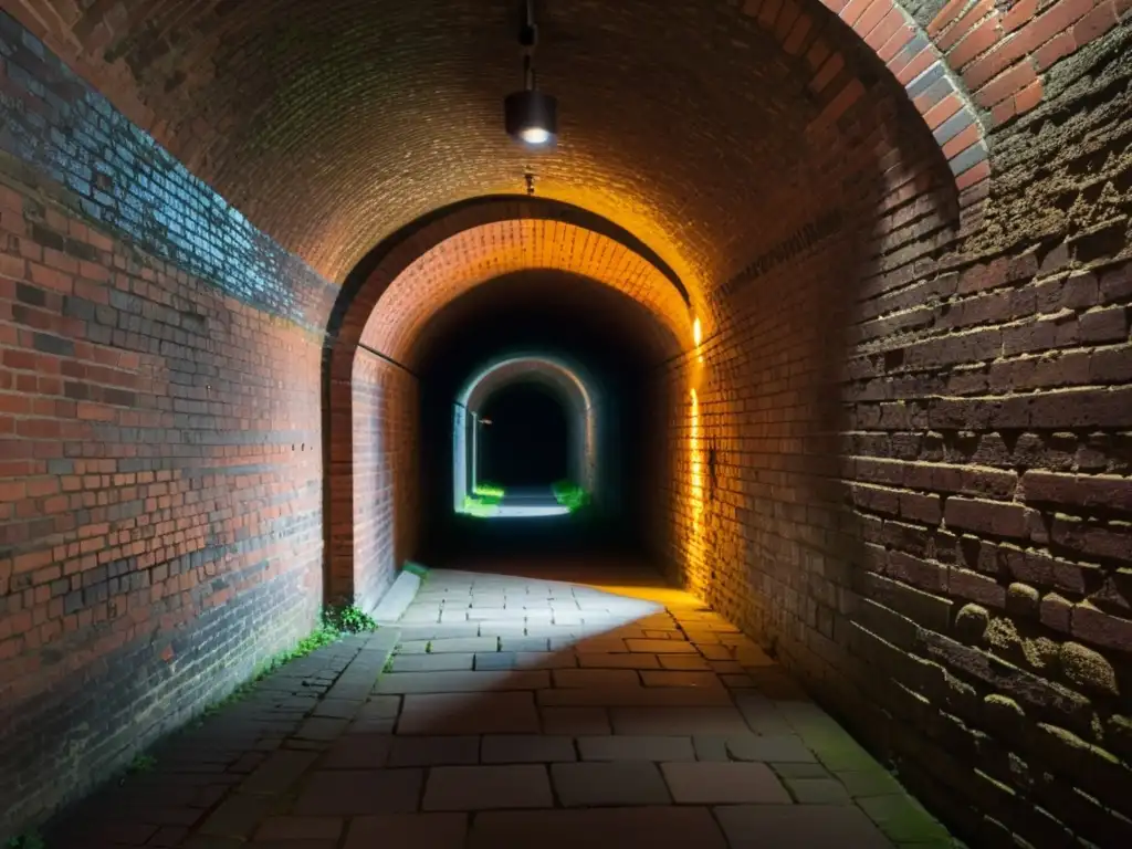 Un misterioso túnel histórico iluminado sutilmente, destacando su intrincada arquitectura