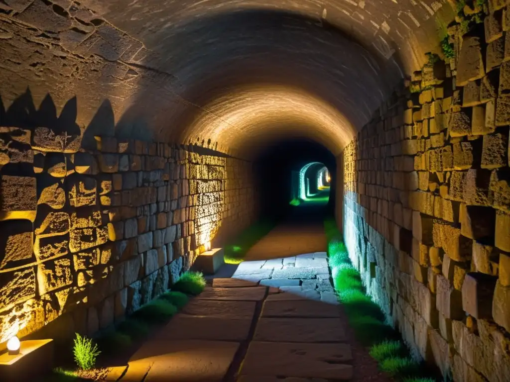 Misterioso túnel medieval con símbolos tallados en la piedra, iluminado por tenue luz de antorchas