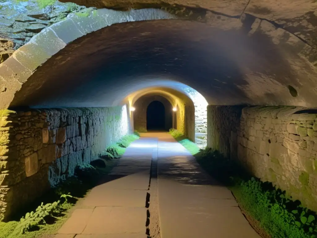 Un misterioso túnel subterráneo con arcos, paredes de piedra cubiertas de musgo y sombras inquietantes