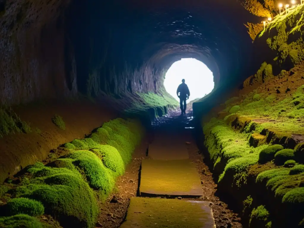 Un misterioso túnel subterráneo iluminado por un rayo de luz, revelando siluetas en la distancia