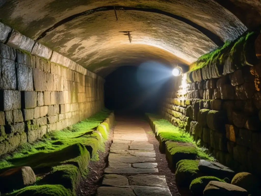 Un misterioso túnel subterráneo iluminado por antorchas, muestra signos de edad y desgaste