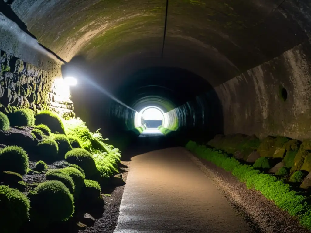 Un misterioso túnel subterráneo con paredes de piedra cubiertas de musgo, iluminado por una tenue luz