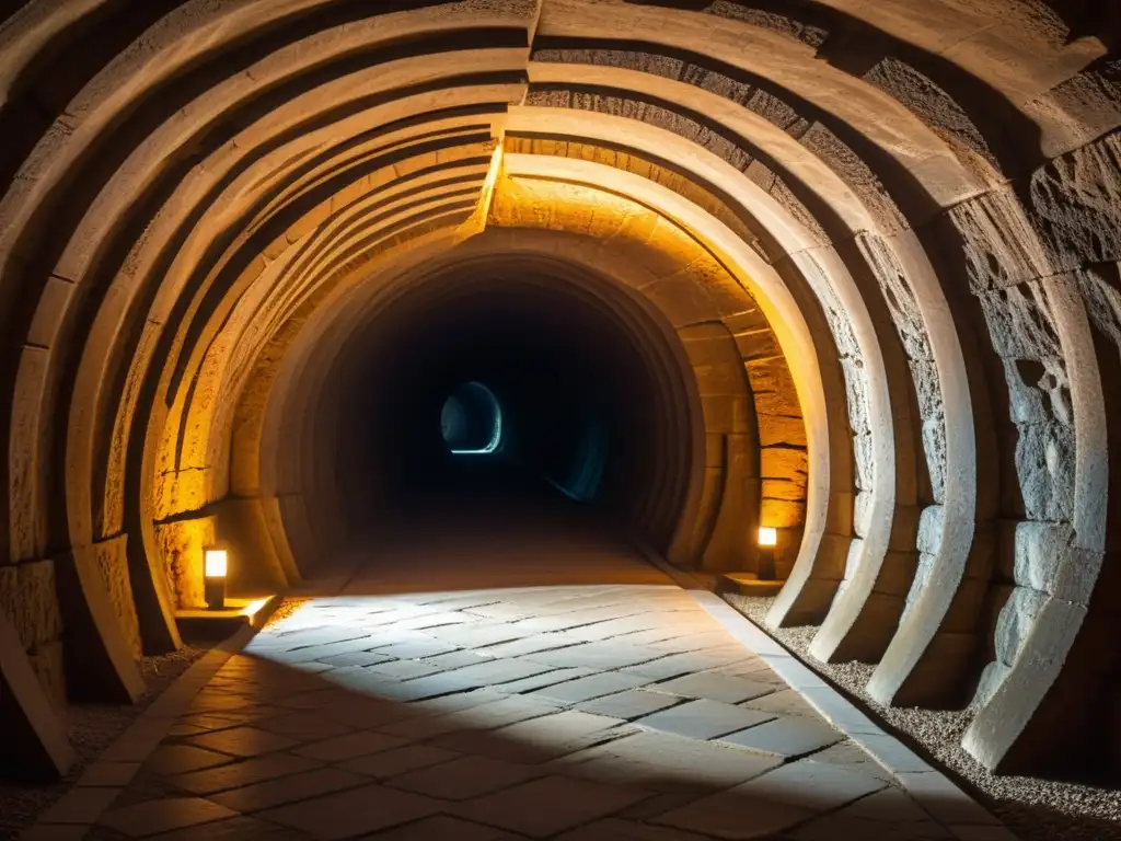 Misteriosos túneles subterráneos iluminados por antorchas Explora los misteriosos túneles de la Atlántida historia, iluminados por antorchas en la oscuridad subterránea