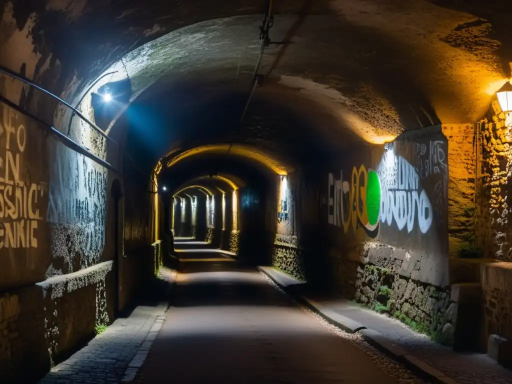 Explora los misteriosos túneles de la Resistencia en Lyon, con sus paredes de piedra y grafitis históricos, iluminados por tenues linternas