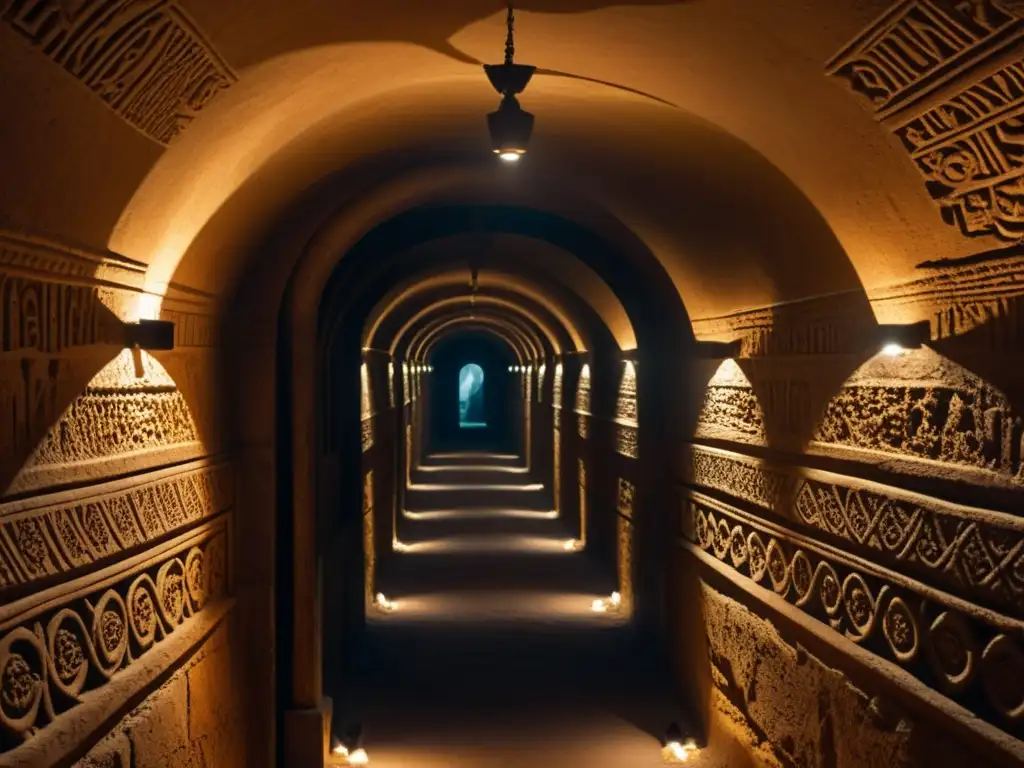 Explora los misteriosos túneles subterráneos con intrincadas decoraciones y suaves luces, revelando la magia de la mitología