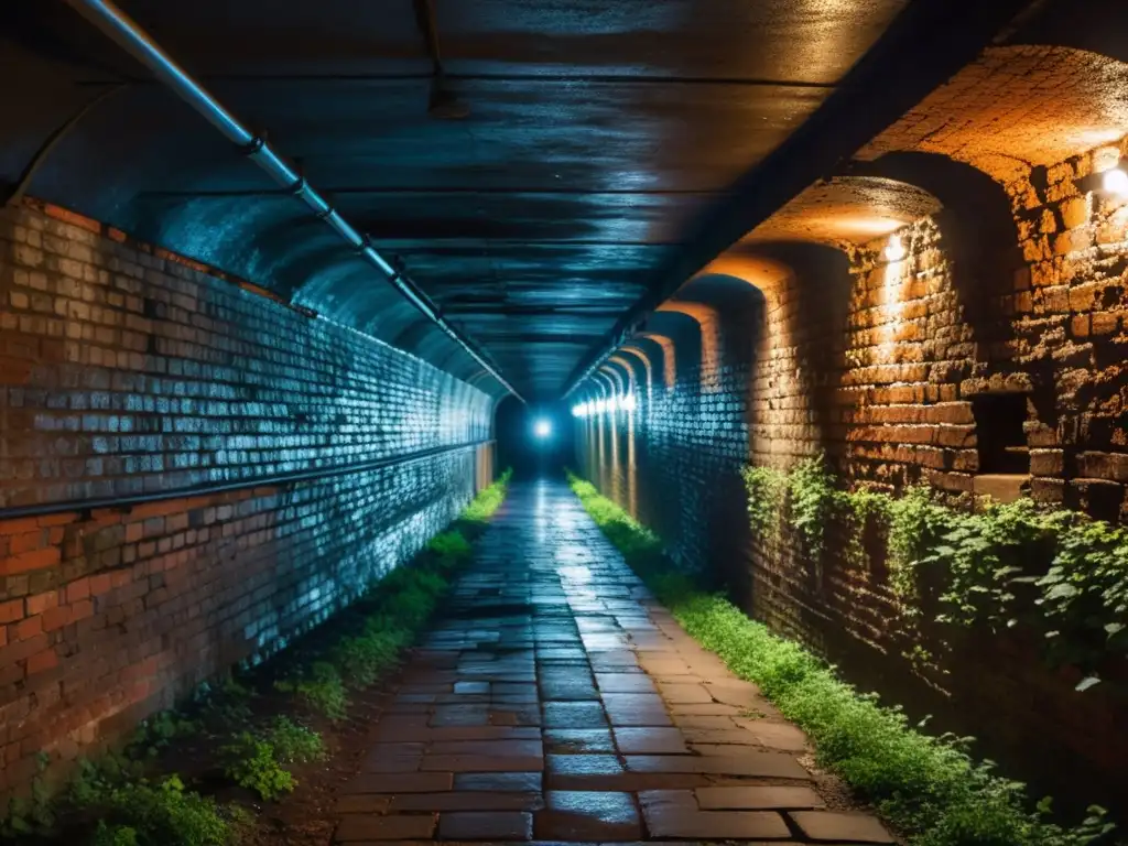 Explora la mística de un túnel subterráneo histórico con detalles de humedad y moho