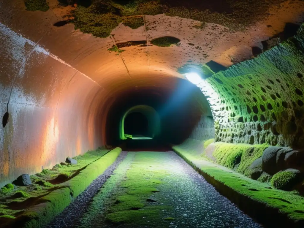 Explora la mística de un túnel histórico iluminado con fotografía infrarroja, donde la luz revela la belleza de la naturaleza en las piedras