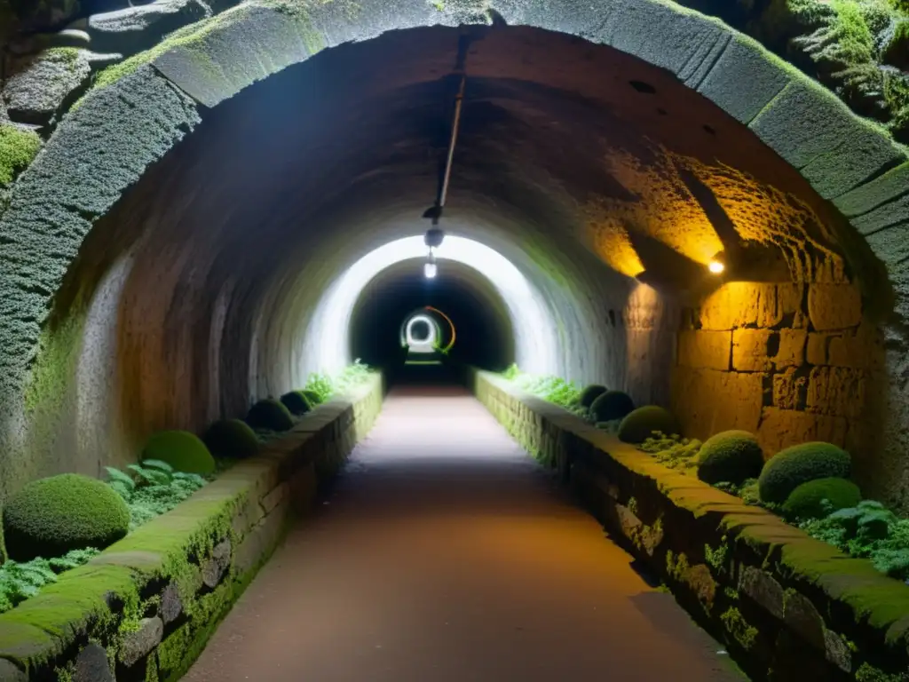 Explora la mística de un túnel subterráneo iluminado cálidamente, con detalles antiguos y atmósfera intrigante