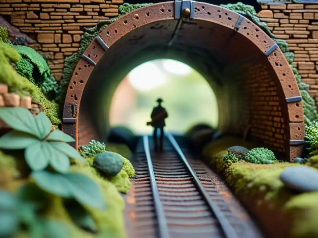 Modelo de túnel histórico decorativo con detalles realistas, figuras históricas en miniatura y atmósfera nostálgica