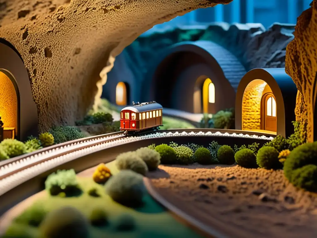 Exhibición de modelos subterráneos educativos detallados y atmosféricos con trenes en miniatura y figuras diminutas