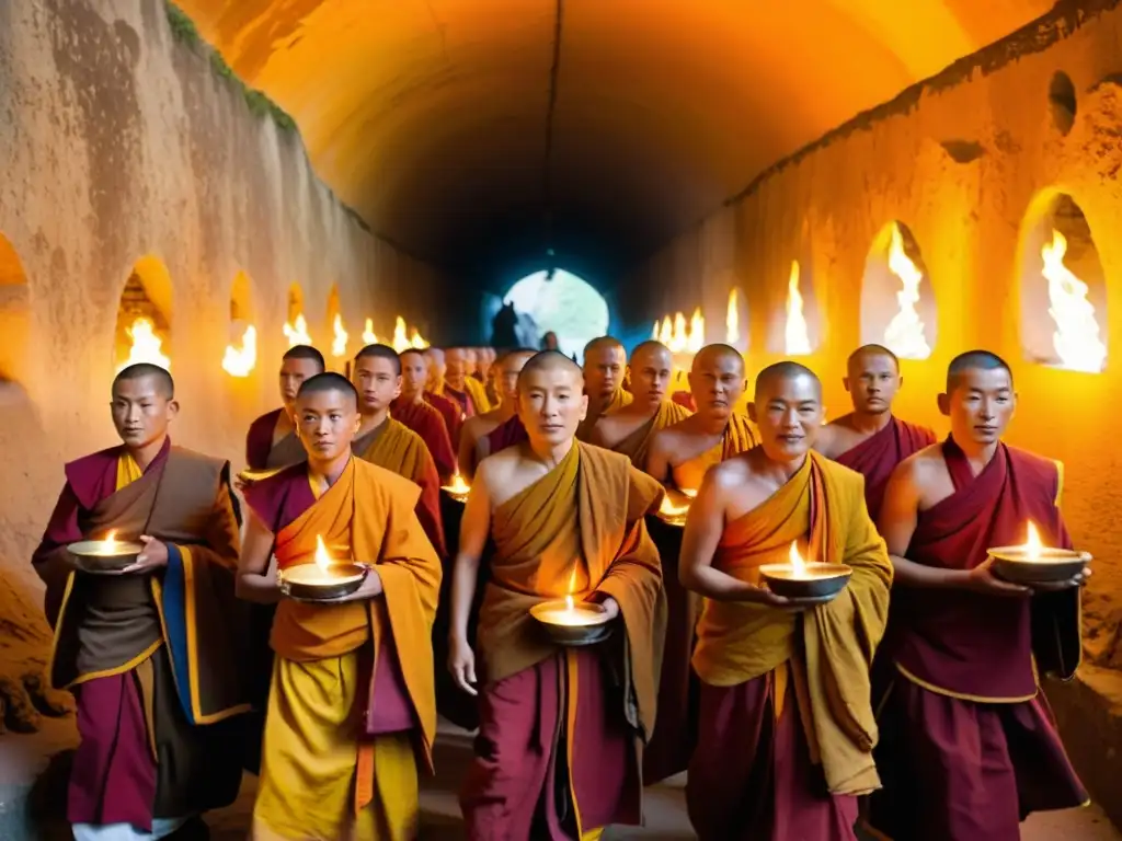 Monjes tibetanos en túneles del monasterio budista, realizando ceremonias