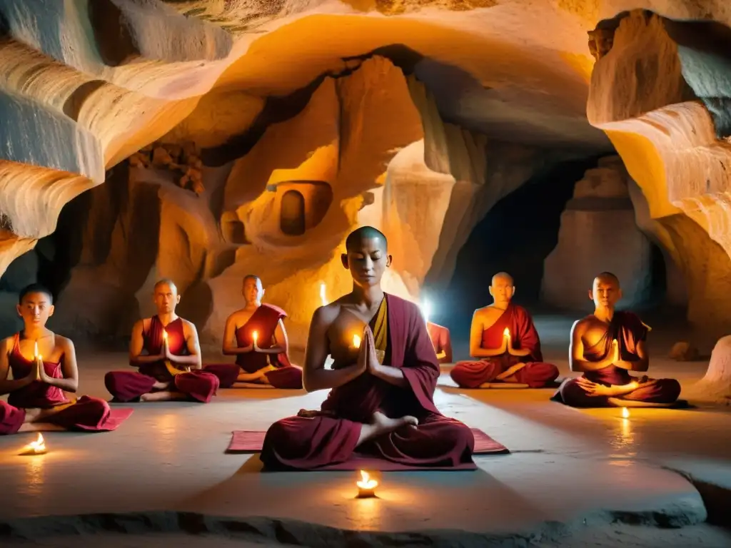 Monjes tibetanos practican yoga en cueva sagrada, iluminados por velas