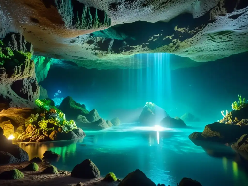 Exploración mágica: Cueva subacuática misteriosa con bioluminiscencia Explora un mundo subacuático oscuro y misterioso, con criaturas bioluminiscentes y plantas que emiten un brillo irreal