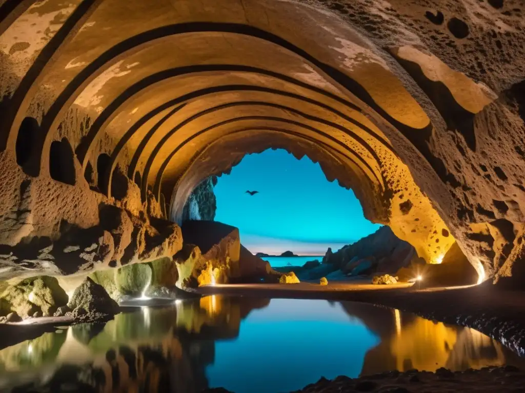 Maravilla subterránea: bioluminiscencia, murciélagos y ecosistema Un mundo subterráneo expansivo y oscuro iluminado por hongos bioluminiscentes, donde los murciélagos crean un espectáculo misterioso