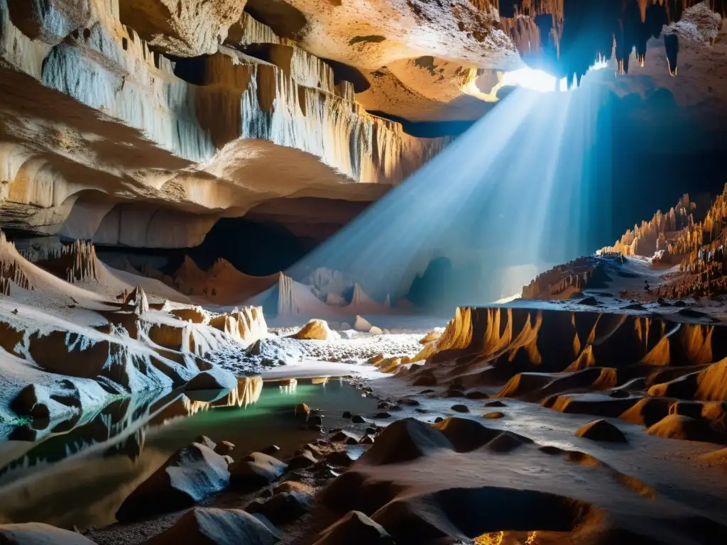 Cueva subterránea iluminada: maravilla natural Un mundo subterráneo impresionante iluminado por la luz natural, con formaciones geológicas únicas