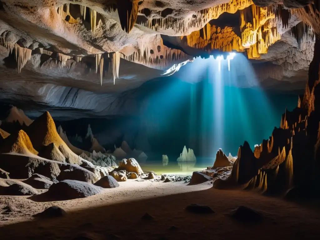 Maravillosa formación natural en caverna subterránea iluminada, invita a reflexionar sobre estudios sobre vida y muerte subterránea