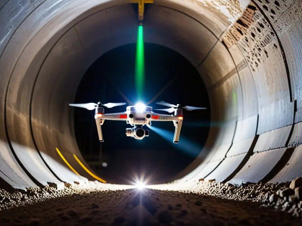 Navegación subterránea con drones: Un dron especializado con potentes luces LED y avanzados sensores, surcando un intrincado túnel subterráneo