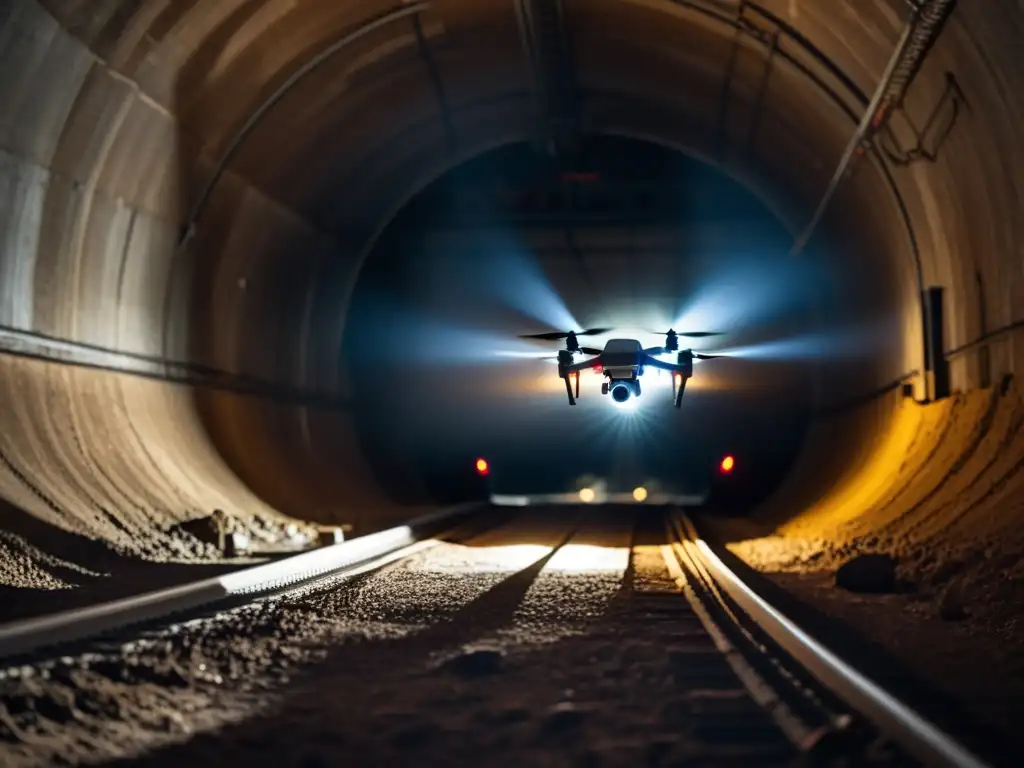 Navegación subterránea con drones: potente dron iluminando un estrecho túnel subterráneo, revelando su arquitectura y textura detallada