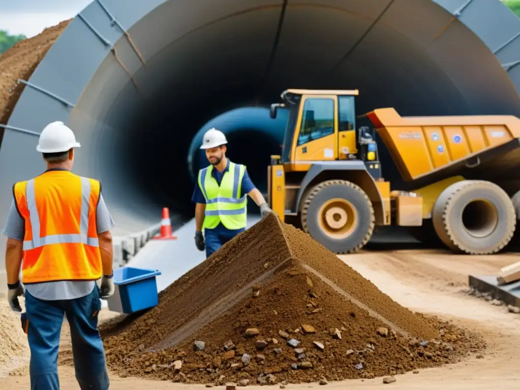 Un obrero de la construcción separa materiales en un sitio de construcción de túneles, destacando la gestión de residuos en construcción de túneles