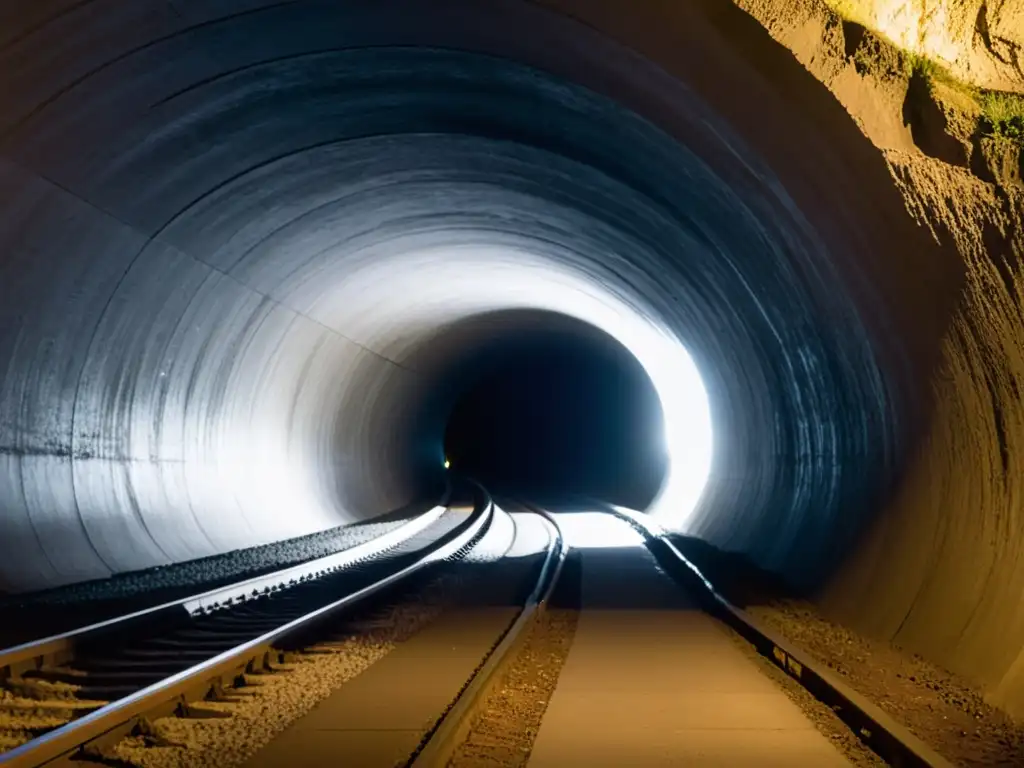 Un oscuro y estrecho túnel subterráneo en blanco y negro, evocando los túneles de Cu Chi en Vietnam, con sombras profundas y una atmósfera misteriosa