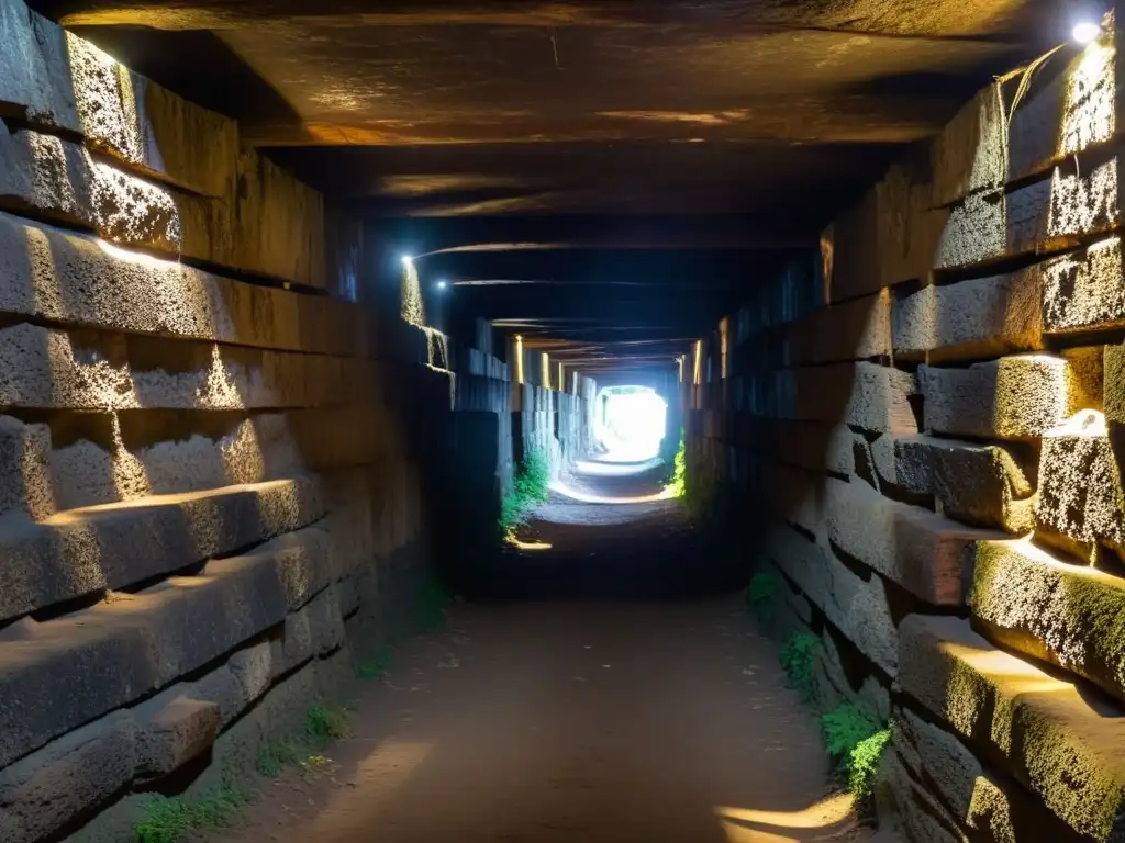 Un oscuro y estrecho túnel se extiende a lo lejos, con paredes revestidas de toscas vigas de madera