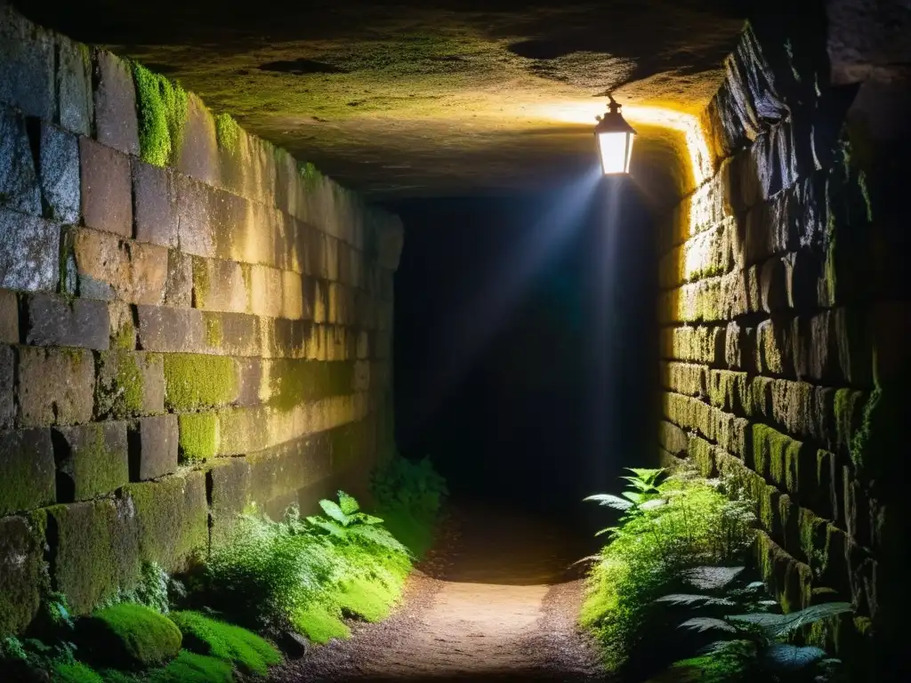 Un oscuro túnel de fuga de Alcatraz se adentra en la oscuridad, iluminado por una solitaria linterna, creando una atmósfera misteriosa y cautivadora