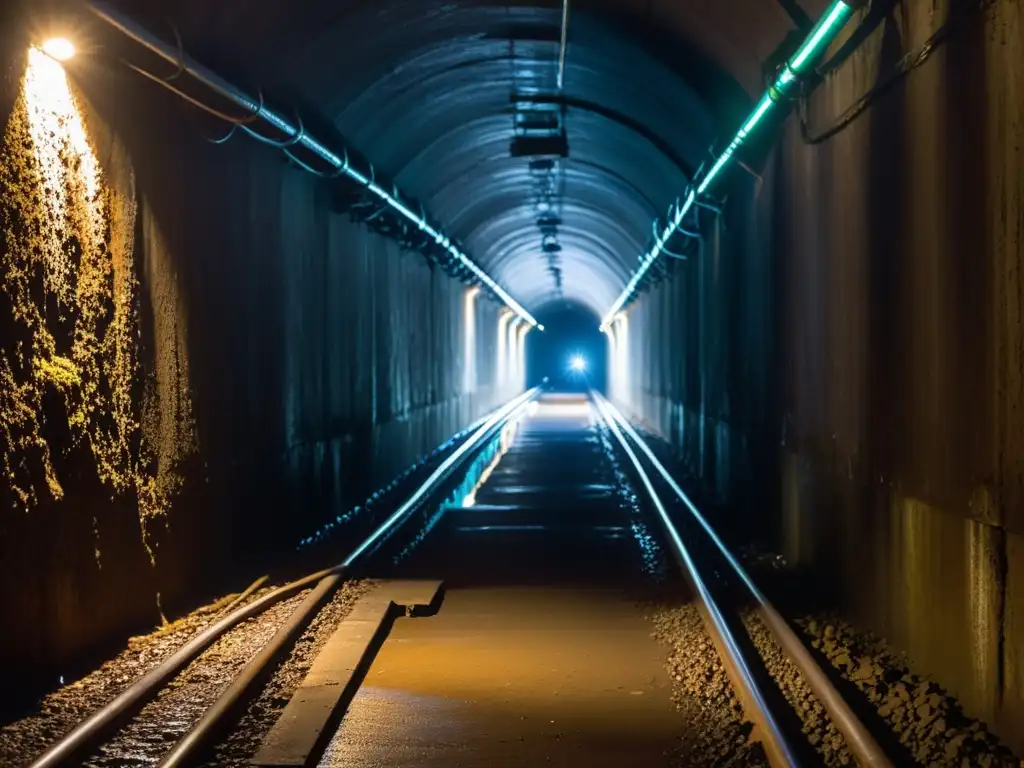 Un oscuro túnel de la Guerra Fría, con cables oxidados, escombros y luces tenues, evocando misterio y claustrofobia