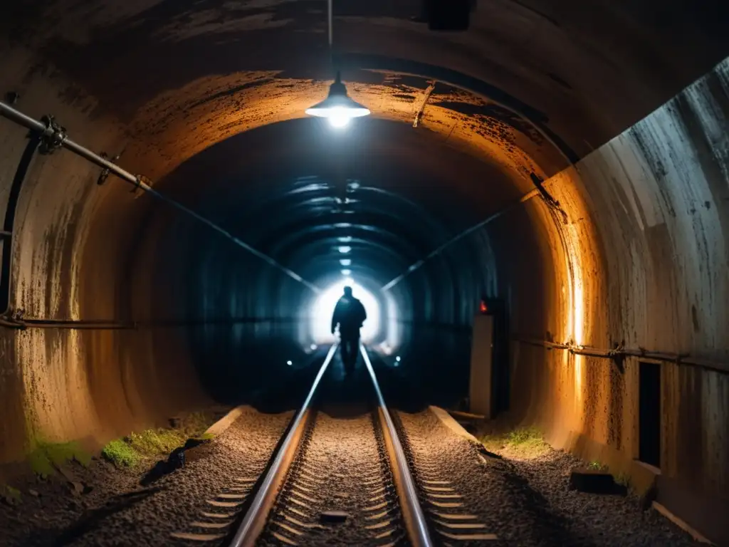 Un oscuro túnel de la Guerra Fría, iluminado por una bombilla titilante, con equipo de espionaje antiguo creando una atmósfera misteriosa