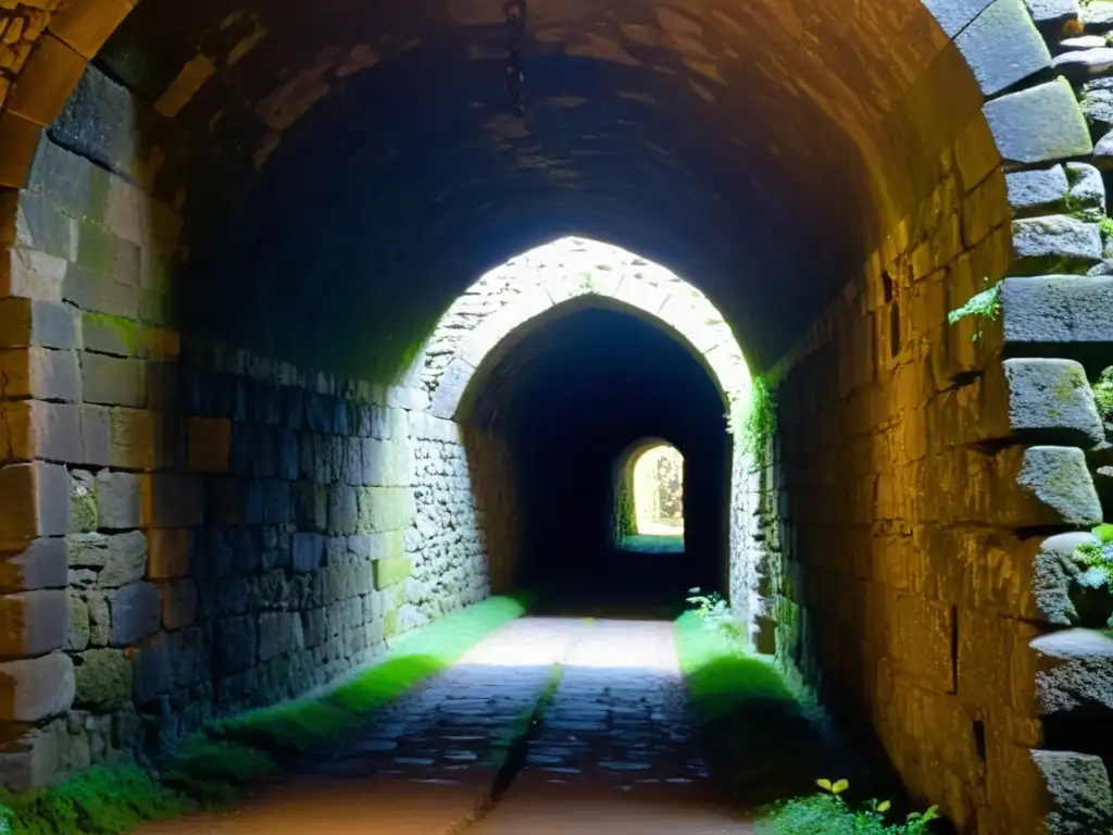 Un oscuro túnel medieval de piedra, iluminado por una tenue luz al final