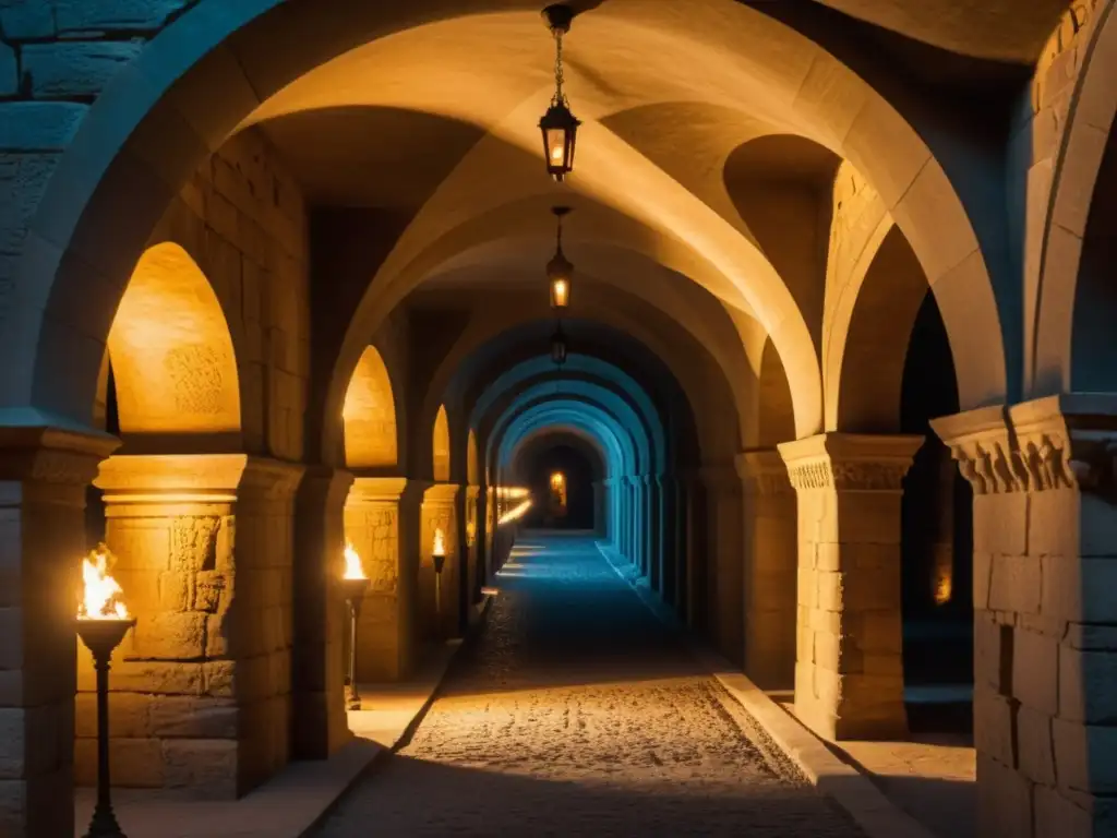 Un oscuro túnel bajo un palacio europeo, con arcos de piedra ornamentados y antorchas