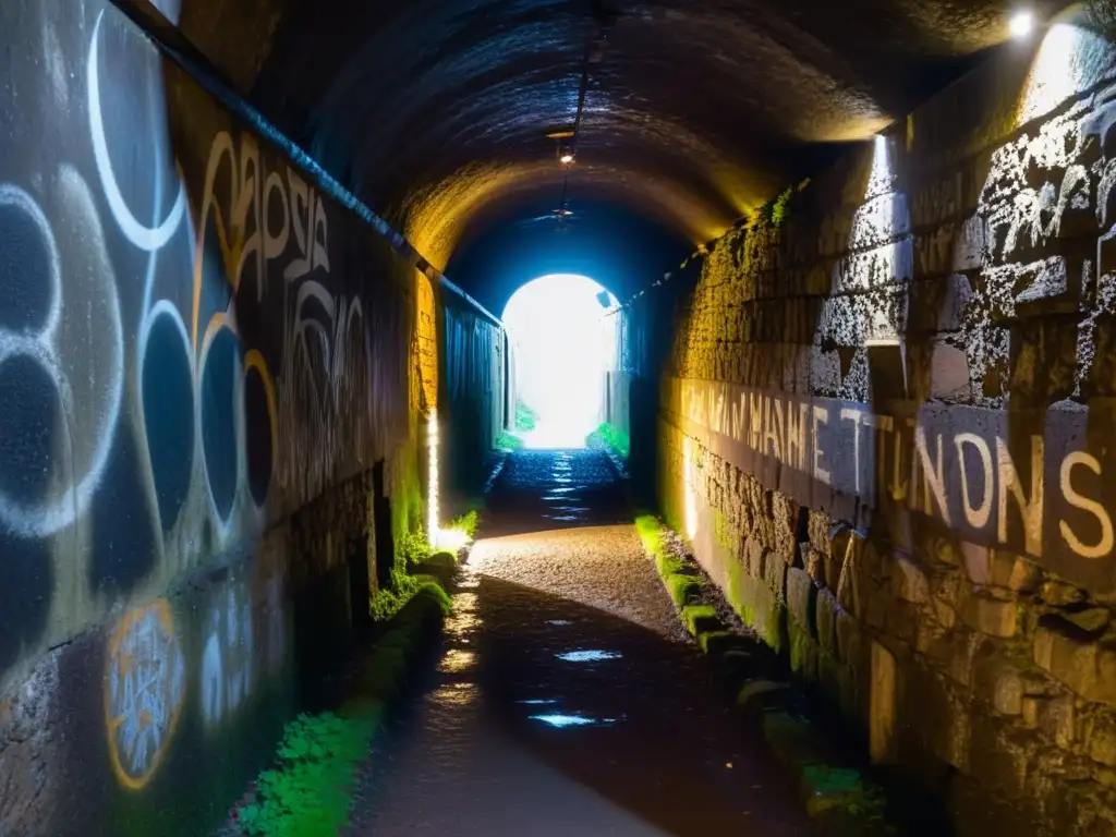 Un oscuro túnel de piedra en la Edad Media con tenues antorchas, sombras alargadas y símbolos antiguos