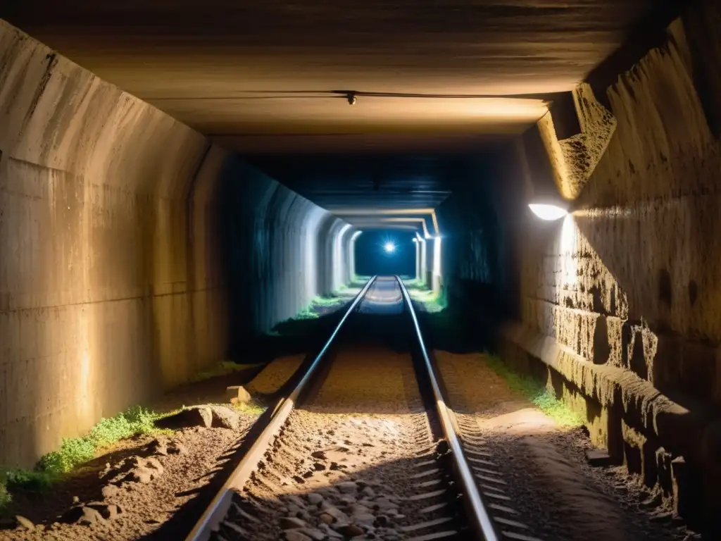 Un oscuro túnel subterráneo, iluminado por luces tenues, con soldados en alerta