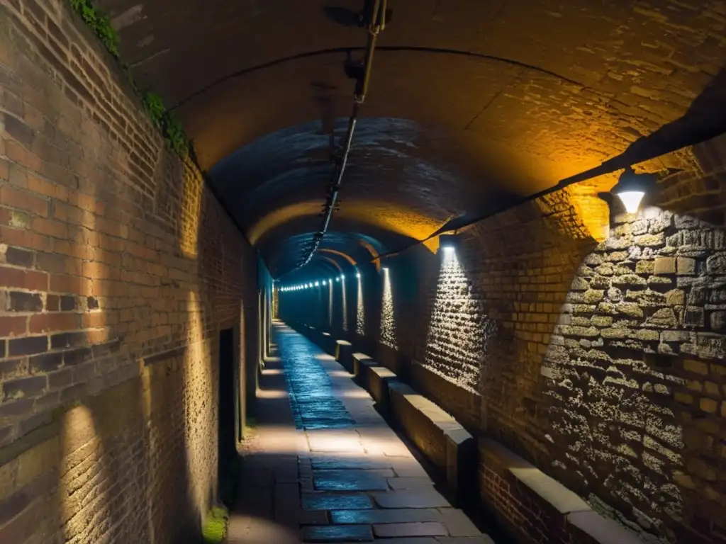 Un oscuro túnel subterráneo en Londres, iluminado por una sola luz, revela antiguos ladrillos y misteriosos símbolos en sus paredes