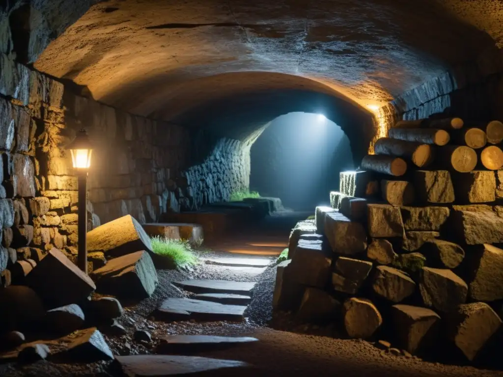 Un oscuro túnel subterráneo con paredes de piedra áspera, iluminado por antorchas dispersas