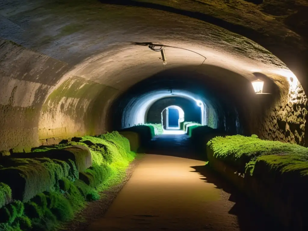 Un oscuro túnel subterráneo con paredes húmedas y cubiertas de musgo, iluminado por luces eléctricas