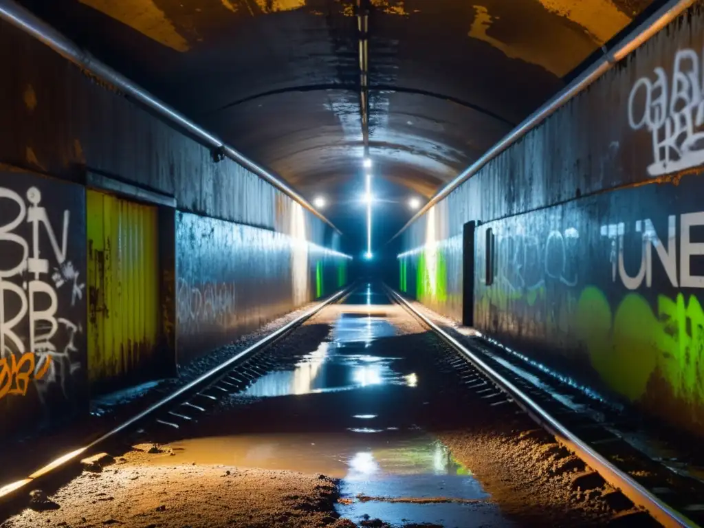 Túneles subterráneos de la URSS: Misterio y desolación Un oscuro túnel subterráneo con puertas oxidadas, graffiti y luces fluorescentes parpadeantes, evocando las bases subterráneas nucleares URSS