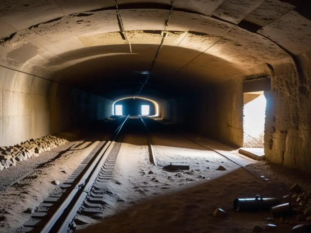 Un oscuro túnel subterráneo con restos de equipo militar, evocando la historia de túneles utilizados en conflictos armados