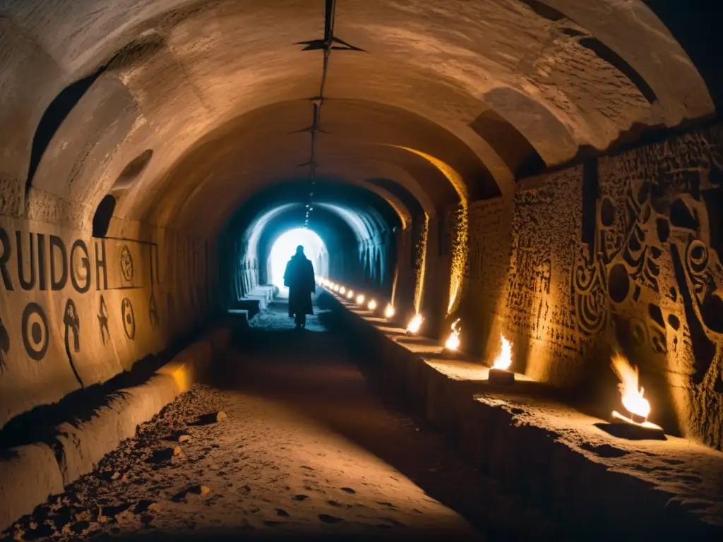 Un oscuro túnel subterráneo con símbolos misteriosos y figuras encapuchadas en una atmósfera de tensión e intriga