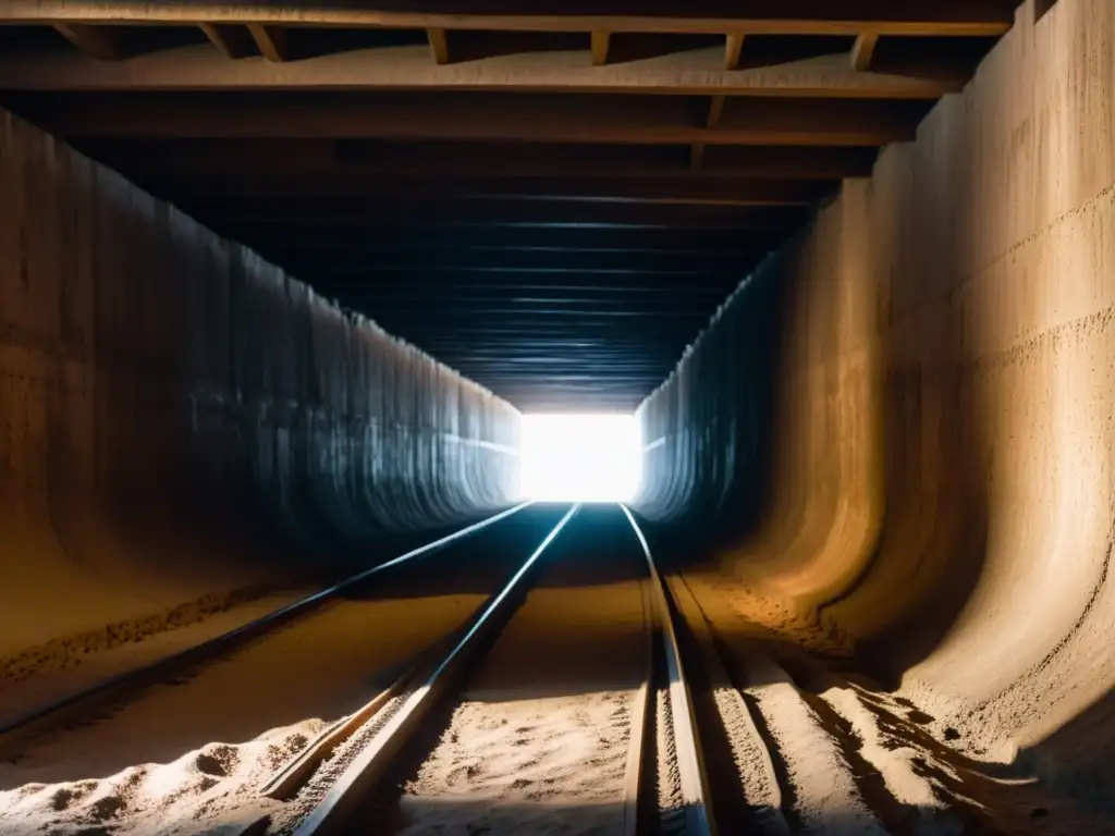 Un oscuro túnel subterráneo en Vietnam con tenues luces y sombras, evocando misterio y peligro