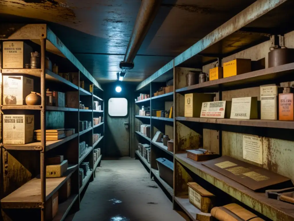 Explora los oscuros pasillos de un bunker de la Guerra Fría en Polonia, con estanterías oxidadas y carteles de propaganda desgastados