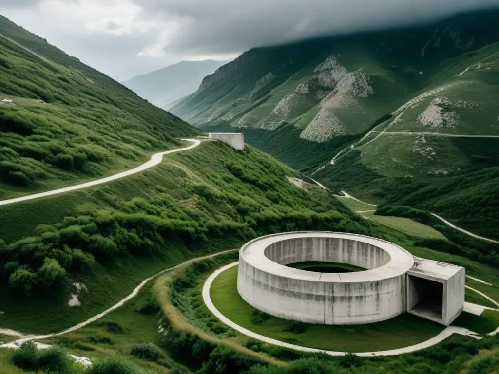 Un paisaje montañoso de Albania, con bunkers de la Guerra Fría en ruinas bajo un cielo dramático