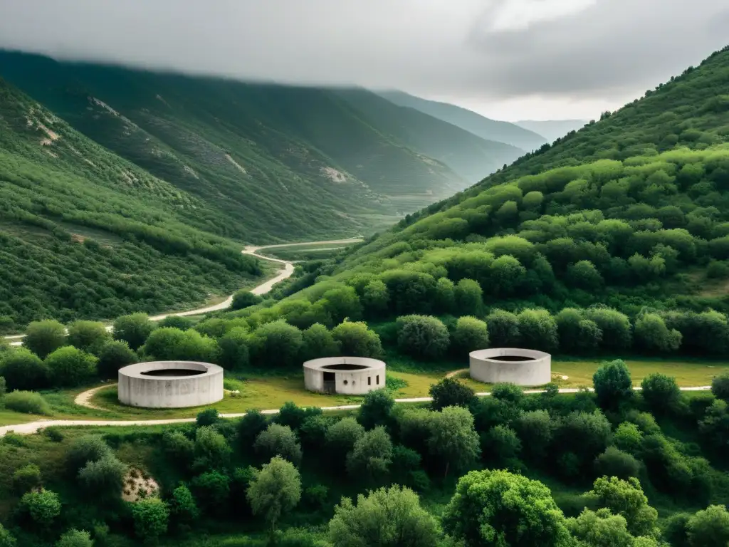 Panorama de la agreste campiña albanesa con bunkers de la Guerra Fría, evocando la historia y atmósfera dramática