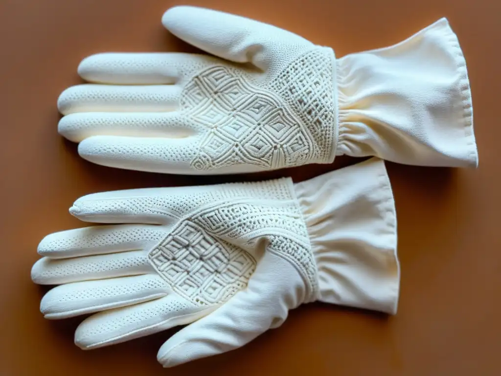 Un par de guantes blancos de algodón sostienen con delicadeza un pequeño y detallado artefacto antiguo de arcilla frágil